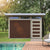 Sleek modern storage shed with a brown sliding barn door, set in a lush outdoor space by the pool.