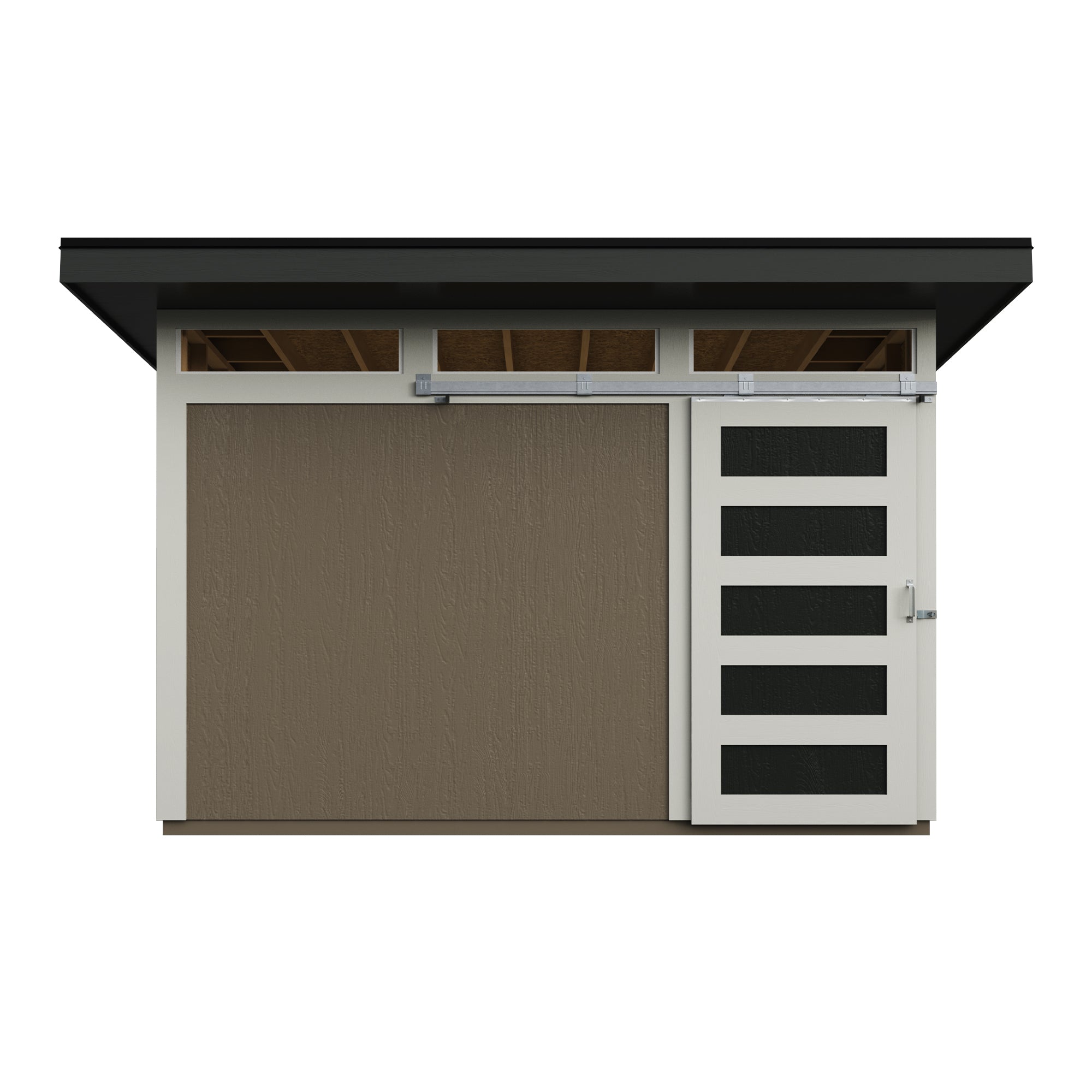 Modern shed with sliding barn door and sleek design featuring a black roof and a solid door with rectangular panels.