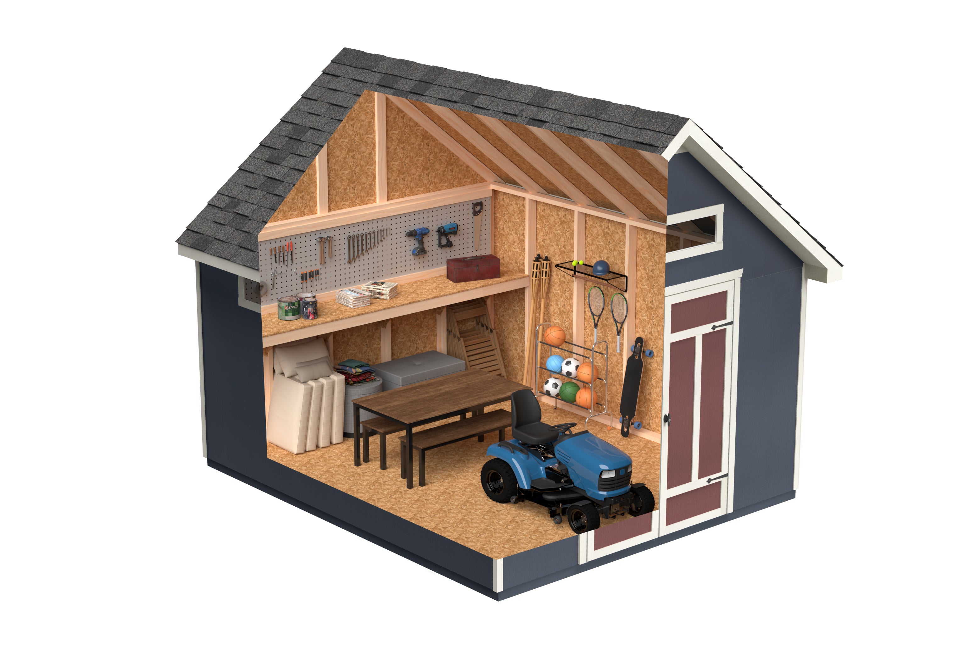 3D cutaway view of a storage shed interior, showing tools, sports equipment, a workbench, and a riding mower.