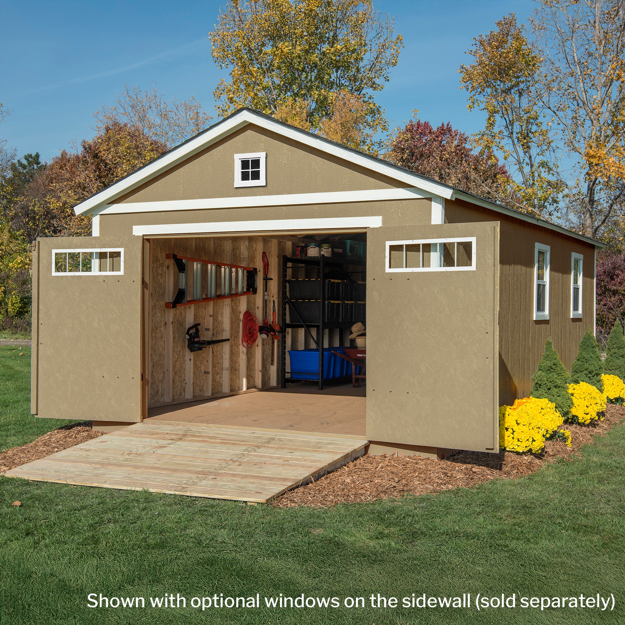 Storage shed with double doors opened, showing a well-organized interior with shelves and gardening tools.