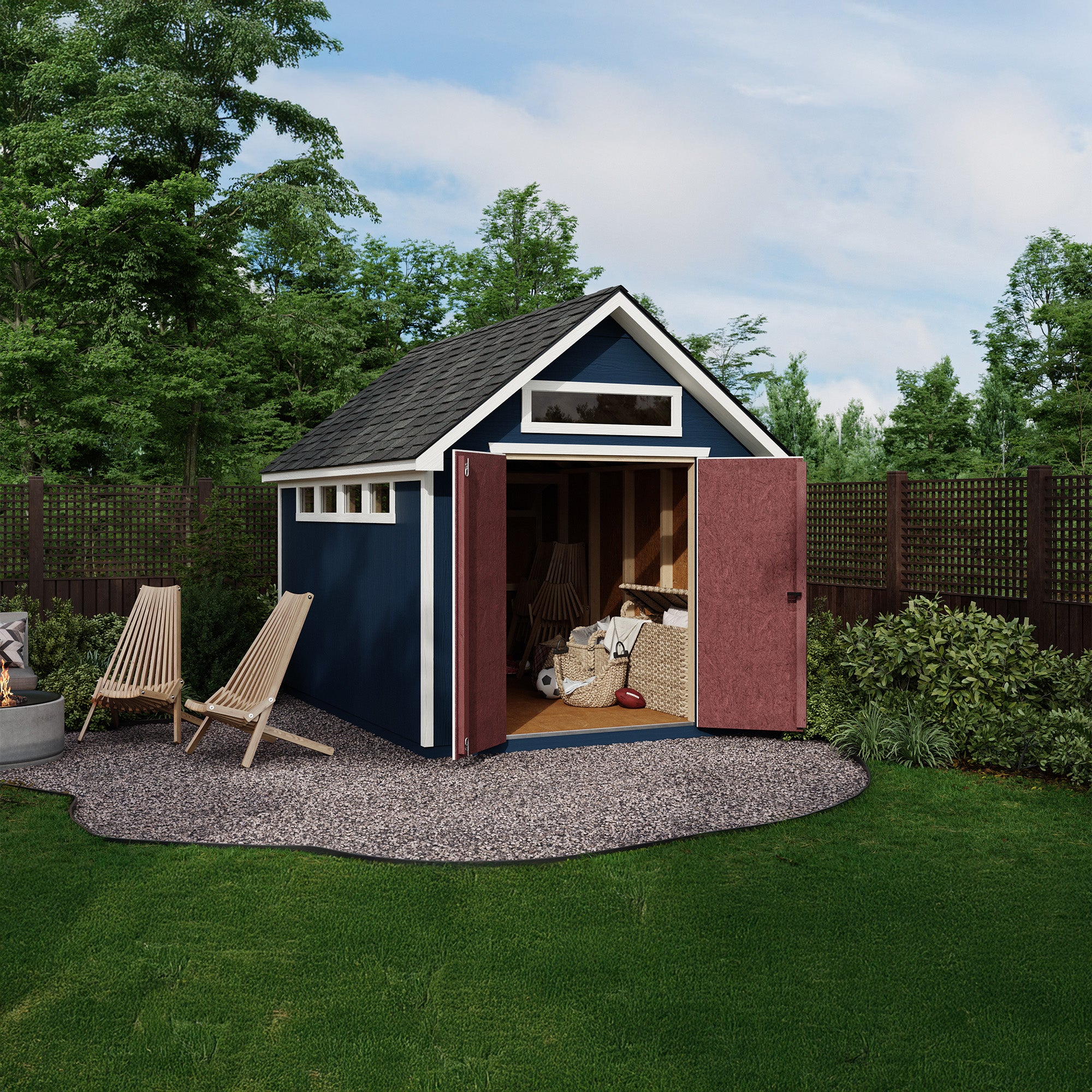 Backyard storage shed with open double doors, showing an organized interior and outdoor seating nearby.